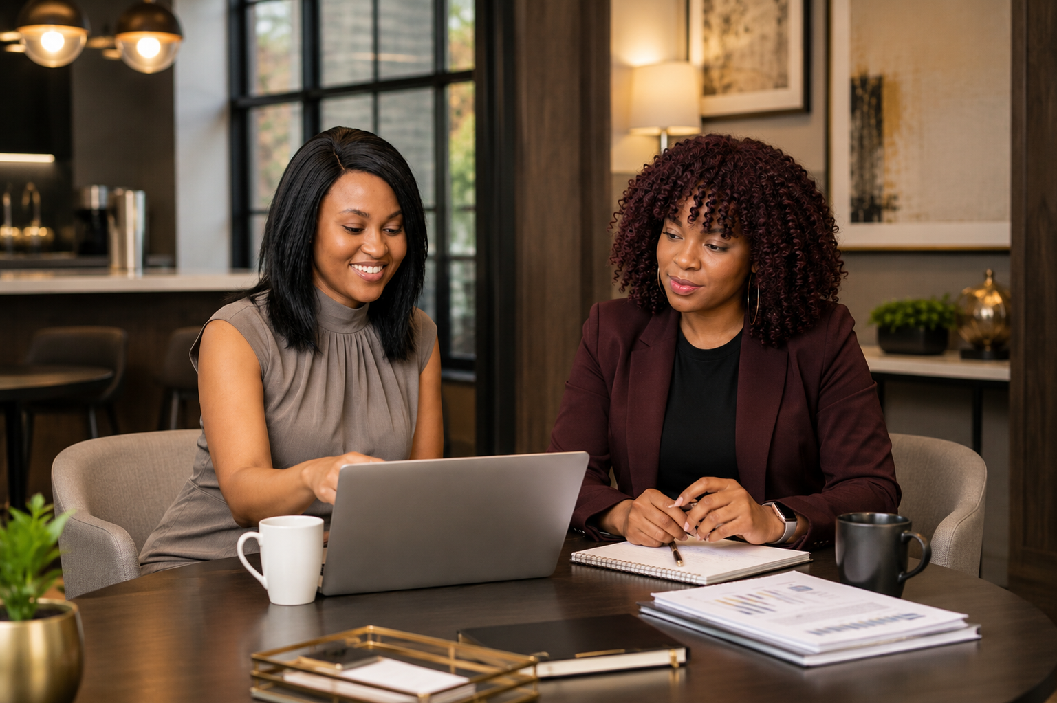 Two consultants reviewing analytics on a laptop together