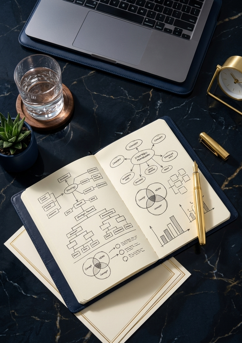Strategy notebook with hand-drawn diagrams and a gold pen on a dark marble desk
